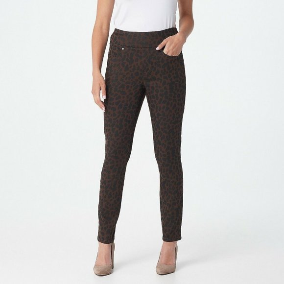 NWT BELLE BY KIM GRAVEL TRIPLELUXE TWILL BACK ZIP JEGGINGS BROWN CHETAH 26W - Picture 1 of 9